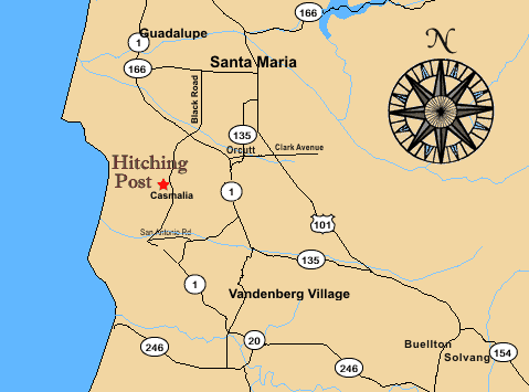 Map of the area from Guadalupe to the north and Solvang to the south